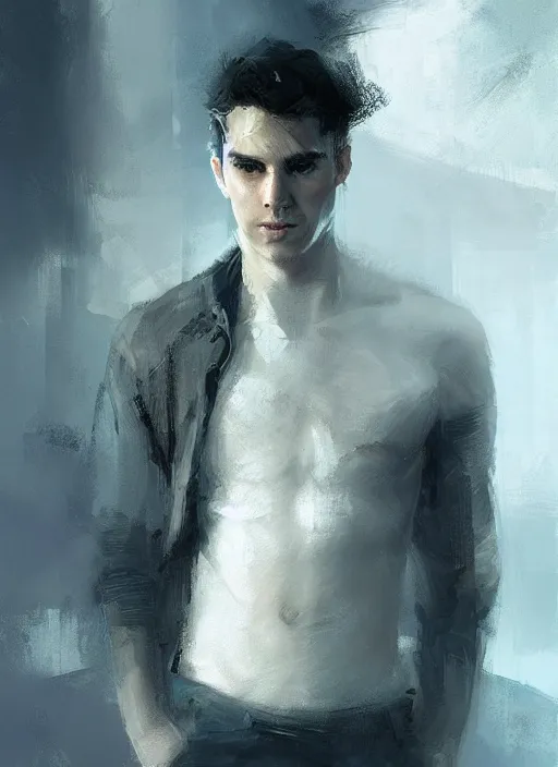 Prompt: handsome young man, white fringy hair, clean shaven, by jeremy mann, by greg rutkowski, by noah bradley, digital painting