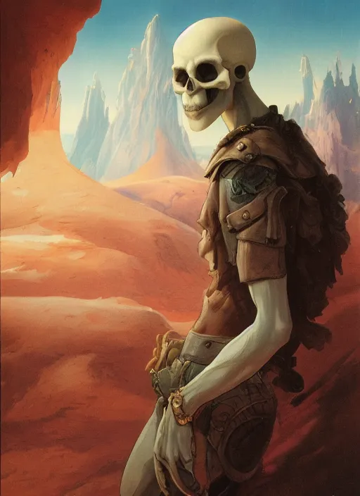 Prompt: a portrait of a male character who has the nose of a skull in a scenic environment by Ross Tran and by Jesper Ejsing and by Mikalojus Konstantinas Ciurlionis