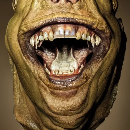 Image similar to an alien. angled jaw, snarling, omniverous layered teeth, nostrils on the forehead, smooth bioluminescent skin, hunter gatherer holding an obsidian spear, mid length portrait photograph, highly detailed, high contrast lighting