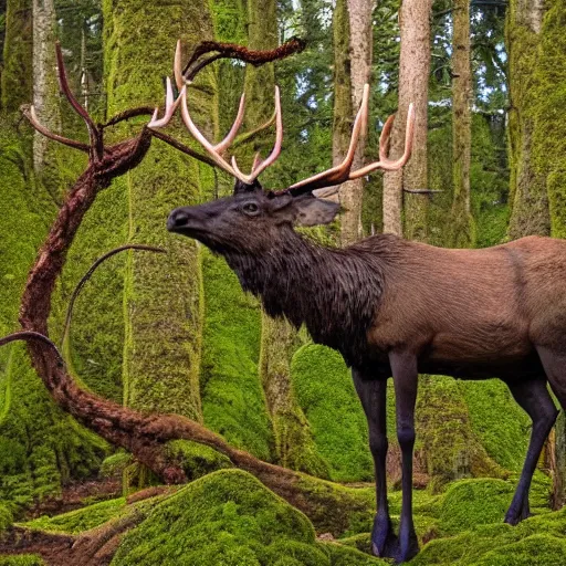Prompt: small and dense intricate vines, moss, roots, colorful flowers, and tree branches take the detailed form of an elk standing in a lush forest