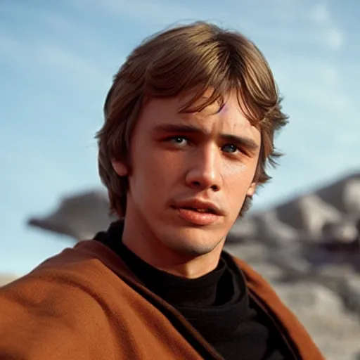 Prompt: james franco as luke skywalker, star wars, movie, photography,