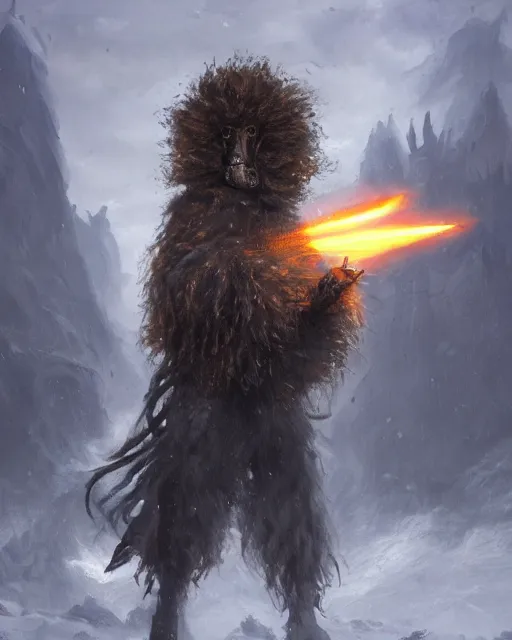 Prompt: oil painting of Anthropomorphized Angry Poodle Warrior, wearing fur cloak, sharp focus, holding Sabre, heroic pose, fantasy style, octane render, volumetric lighting, 8k high definition, by greg rutkowski, highly detailed, trending on art Station, magic the gathering artwork, Battlefield backround, centered