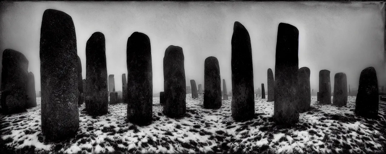 Prompt: a pin - hole photograph of neolithic standing stones, by joel peter witkin, 1 8 0 0 s vintage, camera obscura, aerial view, grainy, snow, highly detailed, gloomy and foggy atmosphere, octane render, bleach bypass, cinematic lighting, photographic emulsion cracked and peeling, tri - x, 8 k, hd