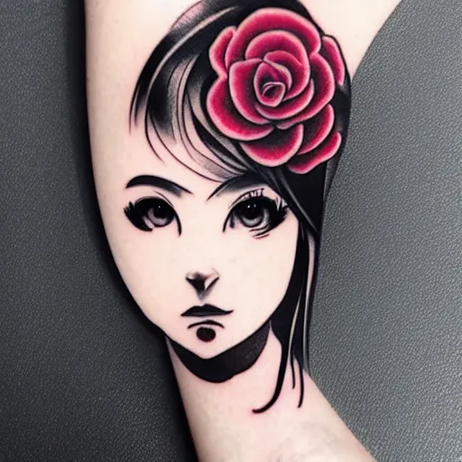 Image similar to tattoo design, stencil, beautiful japanese girls face, roses and ivy surrounding by artgerm, artgerm, cat girl, anime