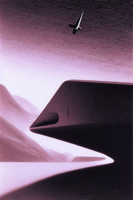 Prompt: emissary space by arthur haas and bruce pennington and john schoenherr, photo realism, cinematic matte painting, zaha hadid building in the mountains with falling snow, monochrome color palate, pink sunset,