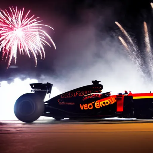 Image similar to close up portrait of max verstappen getting out of a mercedes f 1 car, dramatic shot, great photography, ambient light, night time, fireworks in the background