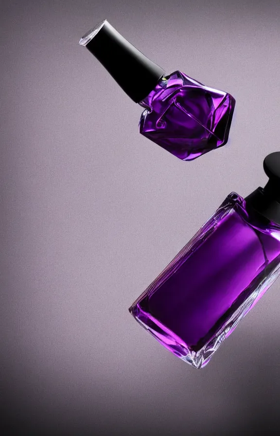 Image similar to close up shot of premium perfume bottle containing purple liquid, the bottle is placed on a black coloured table, ultra detail, commercial, designer product, cinematic lighting, hd artstation, symmetrical, rendered, 4k