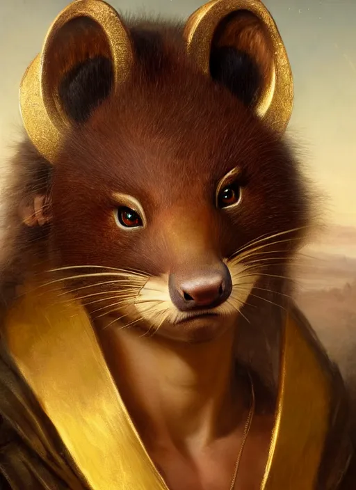 Image similar to a beautiful closeup shot from a fantasy film of a humanoid marten with golden eyes wearing a loose tunic. an anthropomorphic mustelid with gold eyes. portrait. joseph ducreux, greg rutkowski.