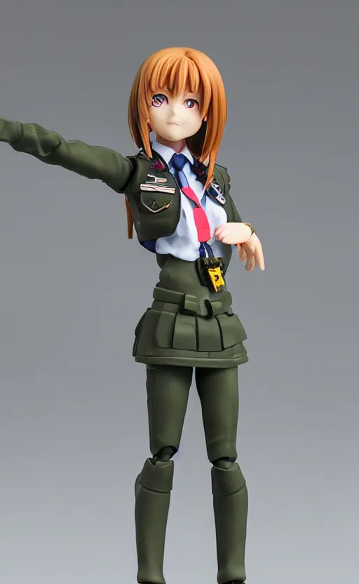 Prompt: toy photo, realistic face, school uniform, portrait of the action figure of a girl, anime character anatomy, 3d printed, plastic and fabric, figma by good smile company, collection product, dirt and smoke background, flight squadron insignia, realistic military gear, 70mm lens, hard surfaces, photo taken by professional photographer, trending on Twitter, symbology, 4k resolution, low saturation, realistic military carrier