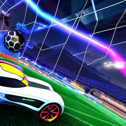 Image similar to rocket league, car soccer, boom, goal, demo, explosion, action shot, lens flares, rim light, raytracing, glow, haze, hyper - realistic, micro details, octane render, unreal engine, cinematic shot