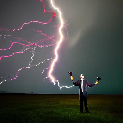 Prompt: man + tesla coil lightning, photo, detailed, 4 k