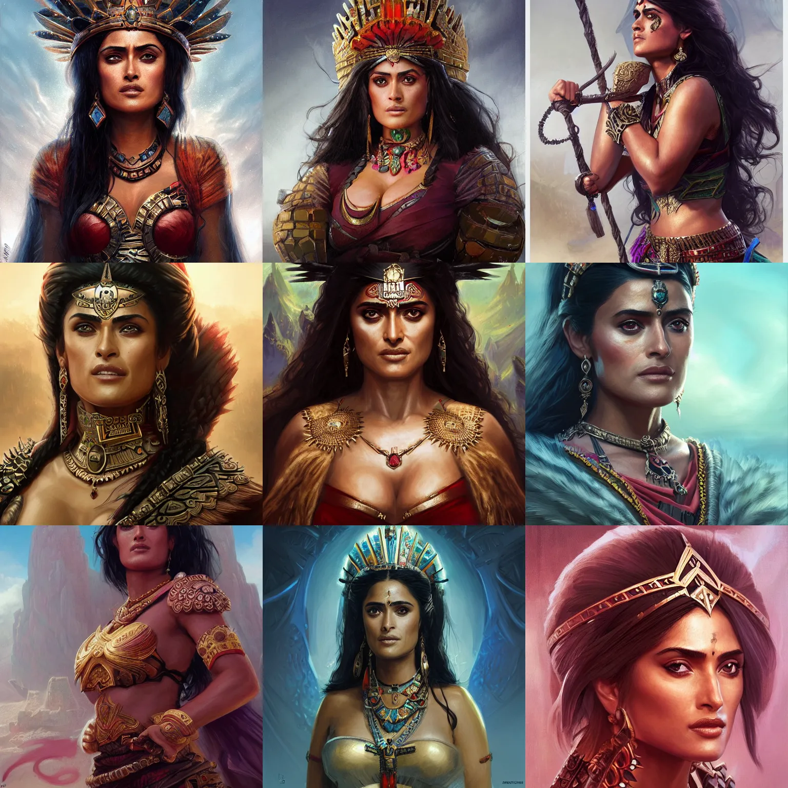 Prompt: aztec empress, salma hayek, D&D, fantasy, portrait, highly detailed, digital painting, trending on artstation, concept art, sharp focus, illustration, art by artgerm and greg rutkowski and magali villeneuve