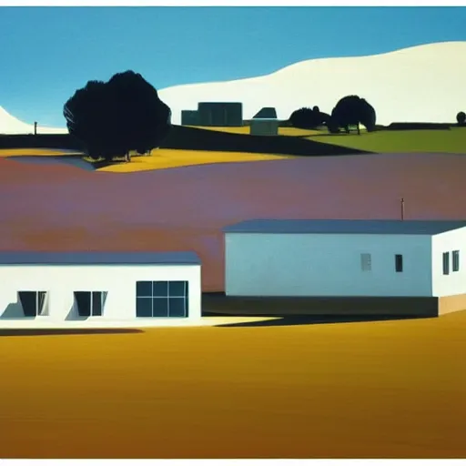 Image similar to dreaming futuristic rural landscape with modern houses, painted by Alex Katz and Edward Hopper, airbrush, highly detailed