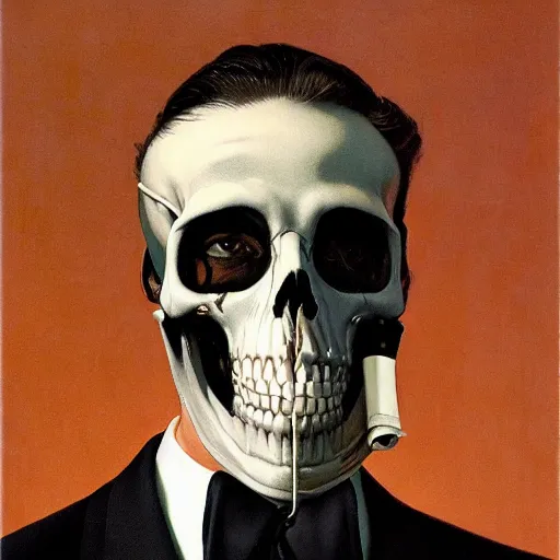 Prompt: frontal portrait of a suited man with medical gloves and a skull face mask, by Gerald Brom and Norman Rockwell