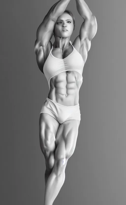 Image similar to photo of bodybuilder woman posing in white peignoir, full leight, ultra rendered extreme realism and detail, 8 k, highly detailed, realistic, photorealistic,