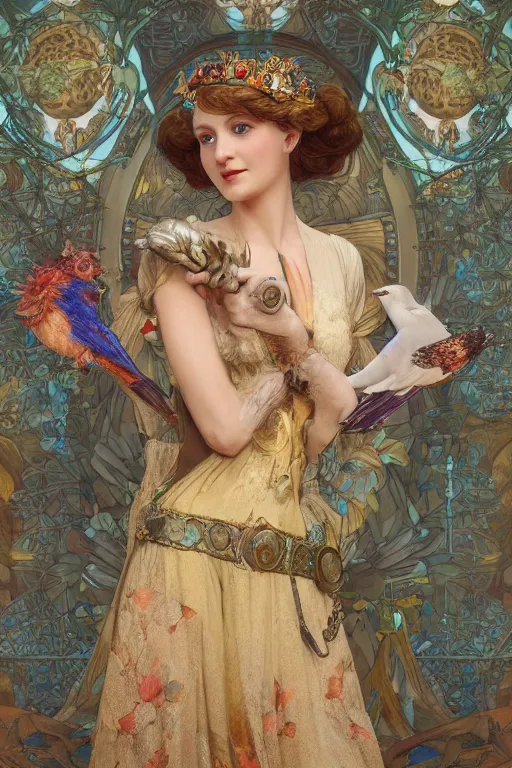 Image similar to zoom in 3 d render of english princess holding birds, ornaments, mucha vibe, dieselpunk, solarpunk, artstation, andrei riabovitchev