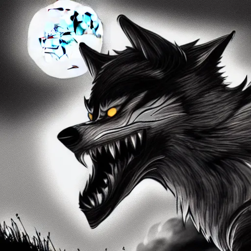 Image similar to werewolf howling at the full moon, side angle, artstation, highly detailed, intricate, black and white