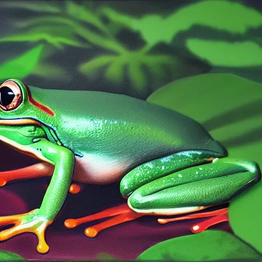 Image similar to green frog dressed in red sneakers, tropical forest, photorealistic