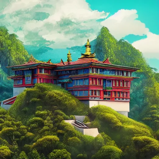 Image similar to house inspired by a tibetan palace on a hill, big green trees, colorful clouds, dramatic lighting, artstation, matte painting, raphael lacoste, simon stalenhag, frank lloyd wright