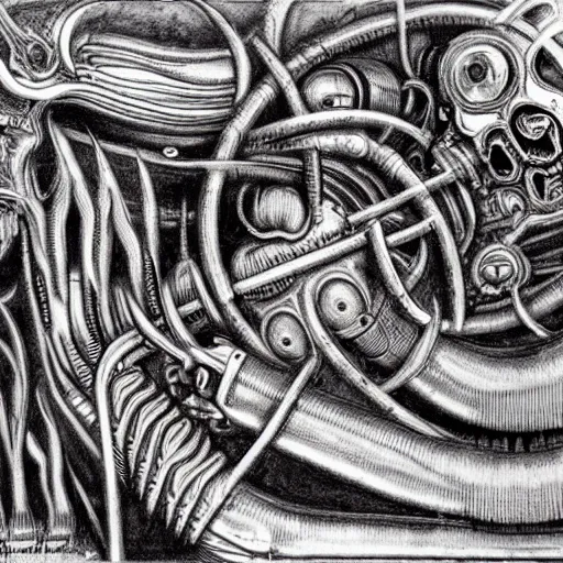 Prompt: detailed art by H.R. Giger for a tank made of human flesh in a body horror style