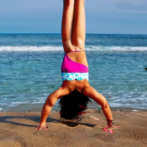 Prompt: girl in bikini doing a headstand on the beach