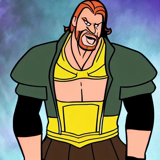 Prompt: Full body picture of Triple H as a Disney character in his in-ring gear, Disney, cartoon, Disney style, 2d, drawn image, beautifully drawn, Disney 2d animation still