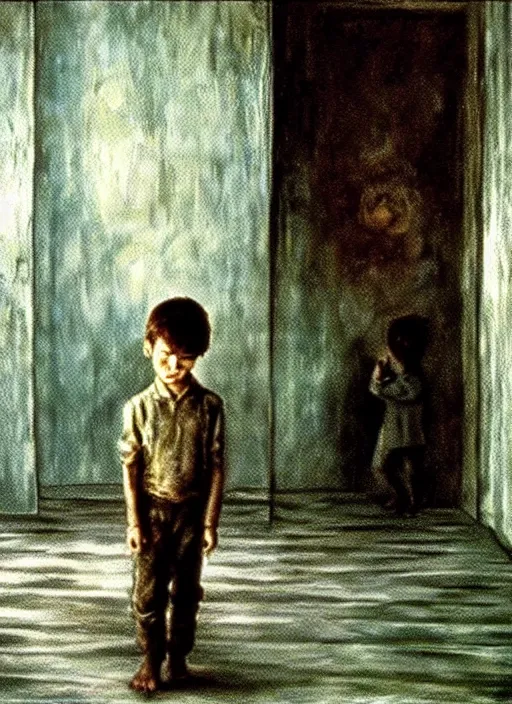 Prompt: detailed expressive painting of a boy in a hall. masterpiece. still from a movie by Terrence Malick and Tarkovsky