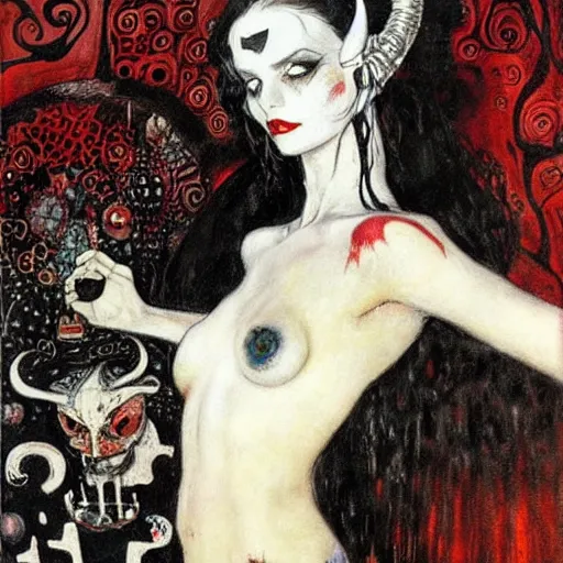 Image similar to lady death with horns, klimt, royo, miro, frazetta, whealan,