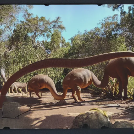 Prompt: photograph of a polaroid of a real brontosaurus exhibit at san diego zoo, tourists in background, bokeh, high definition, slr, golden hour, realistic skin