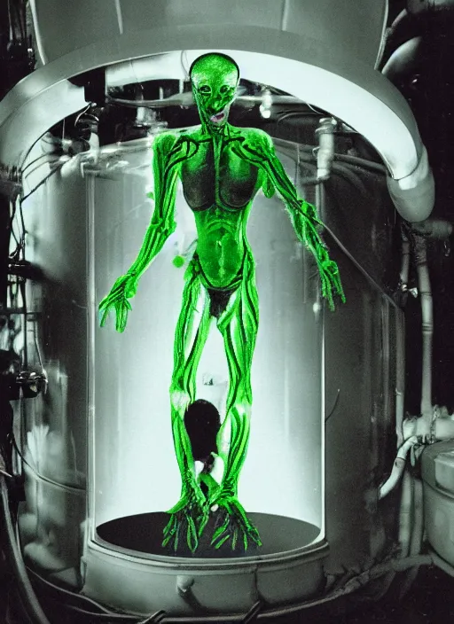 Image similar to a weird humanoid alien is suspended in a tank of dense liquid, hands held up by the pressure inside the tank, tubes coming from the top of the tank connecting to the alien's body, back lit, green glow, 35 mm film photography