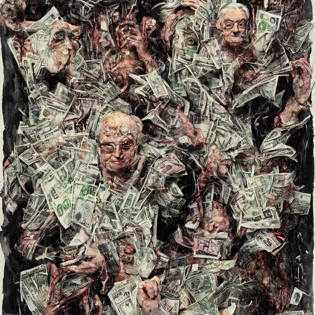 Image similar to George Soros, dollar bills Body horror, biopunk, by Ralph Steadman, Francis Bacon, Hunter S Thompson