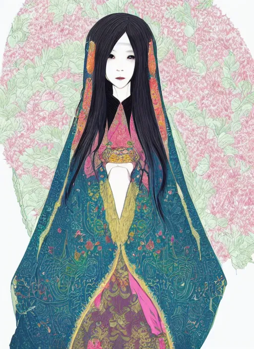 Prompt: a digital illustration of a young asian woman, ornate, colorful robe, shy, illustrated by jung chen ( lulu chen ), featured on artstation, gothic art, anime aesthetic, art on instagram, gothic, dark