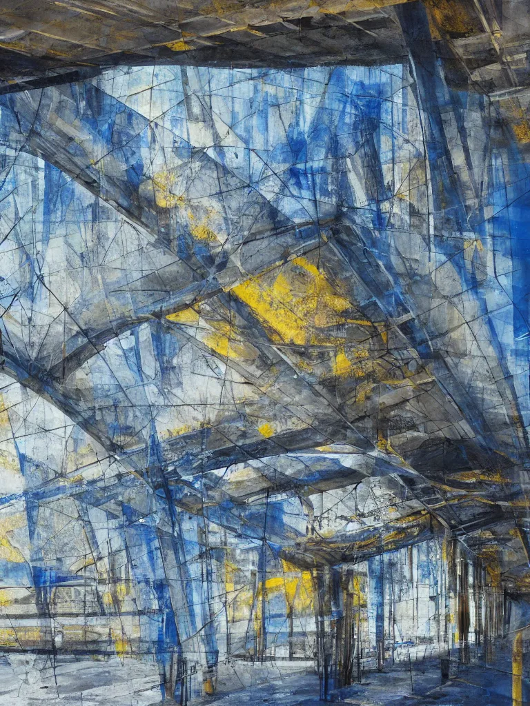 Prompt: a beautiful painting under a bridge by the architect zvi hecker, structural concrete, rough charcoal painting, blue and gold highlights