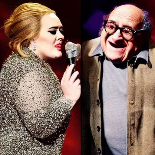 Image similar to Adele with Danny Devito face transplant, concert, live performance, full body shot