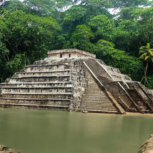 Prompt: mayan pyramids in a jungle next to a camp with tents and a river, photorealistic, highly detailed, photo, cinestill