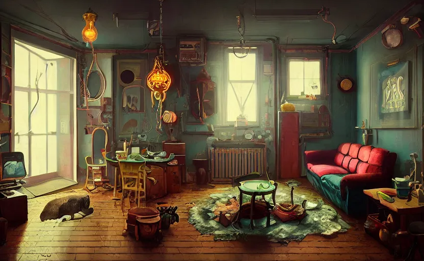 Image similar to Interior shot of a victorian cozy studio apartment by Petros Afshar and Beeple, James Gilleard, Mark Ryden, Wolfgang Lettl highly detailed