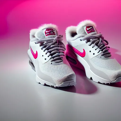 Image similar to nike air max shoe made of very fluffy pink faux fur placed on reflective surface, professional advertising, overhead lighting, heavy detail, realistic by nate vanhook, mark miner