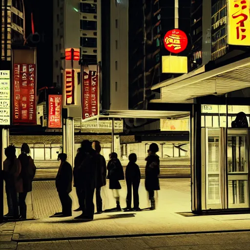 Image similar to a some people waiting in a lone bus stop in quiet dark city night in Genshin Impact, high quality, high resolution,detailed