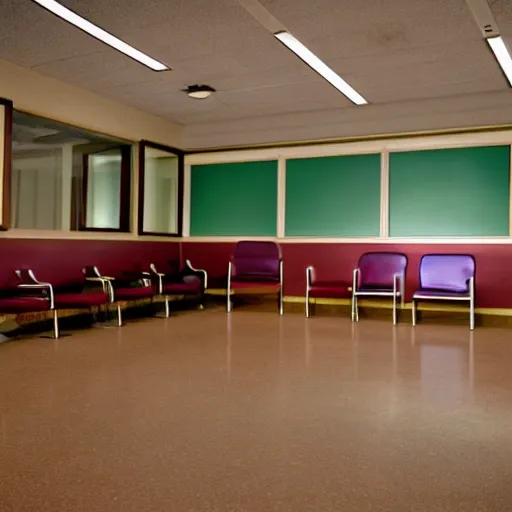 Image similar to Nostalgic waiting room, lowly-lit, 1990s style, no people