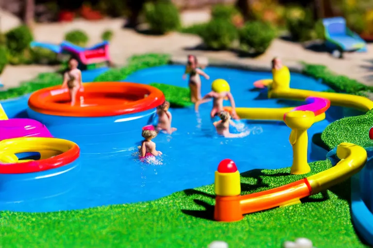 Image similar to fisher price public pool, california, in 2 0 1 5, perfect focus, scene from tv show hyper detailed 5 5 mm 8 5 mm, toy photography, made out of plastic