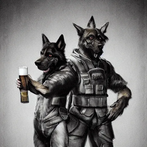 Image similar to two humanoid german shepherds beast - men in military style, they holding a beer, artstation, concept art, smooth, sharp foccus ilustration, artstation