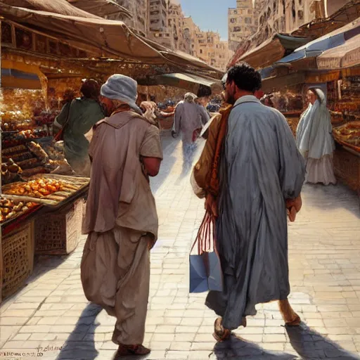 Image similar to a beautiful portrait painting of a couple shopping in a sunny market in north africa, masterpiece by famous artist nasreddine dinet and eugene de blaas and greg rutkowski and artgerm and wlop, path tracing, intricate, elegant, highly detailed, digital painting, artstation, concept art, smooth, sharp focus