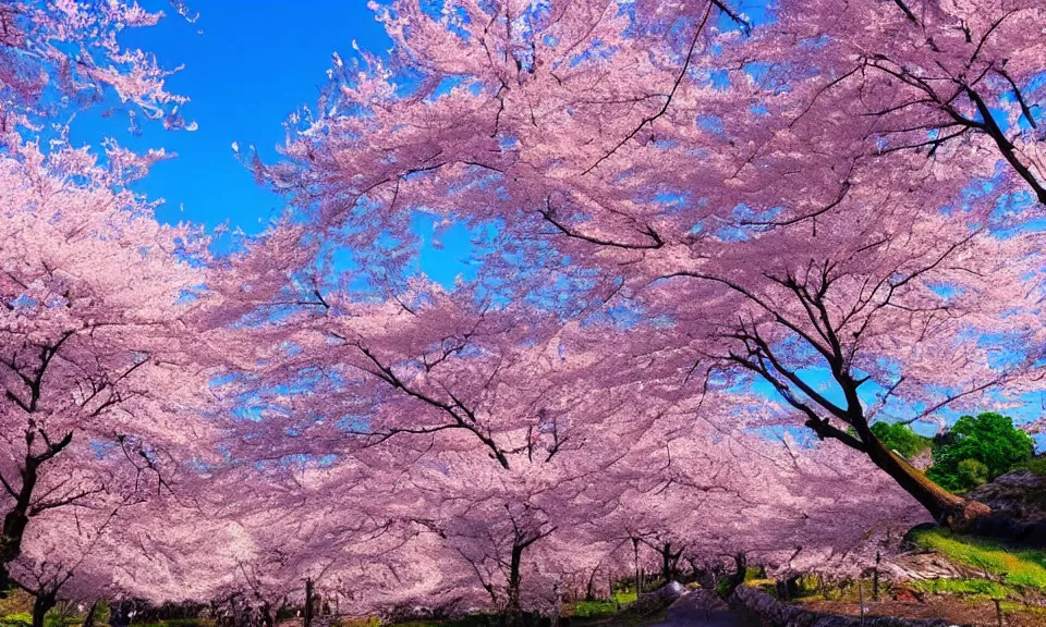 Image similar to a beautiful landscape, cherry trees, blue sky, anime style