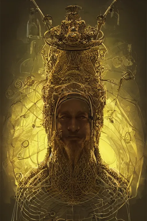 Prompt: a study of cell shaded illustration of a neofuturistic ornate a wizard, golden ratio, post grunge screen print poster, character concept art by Miles Tsang, highly detailed, sharp focus, motherboard, Artstation, deviantart, artgem