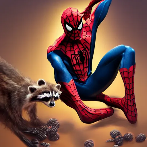 Image similar to spider - man sit on the raccoon and eating donuts, concept art, trending on artstation, highly detailed, intricate, sharp focus, digital art, 8 k