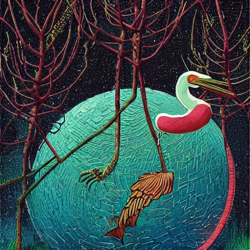 Image similar to realistic atlantic spring pond diamond stork chianti purse death metal album cover, by victo ngai and johfra bosschart and tom thomson, speedpainting, 2 d game art, postmodern