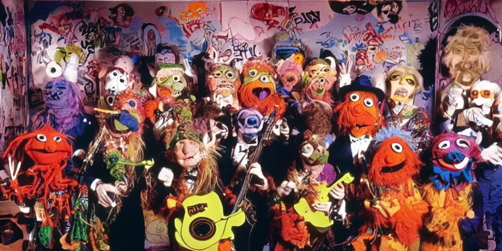 Image similar to jim henson muppet band wearing Halloween masks, 1980s surrealism aesthetic, detailed facial expressions, graffiti on the walls and ceiling