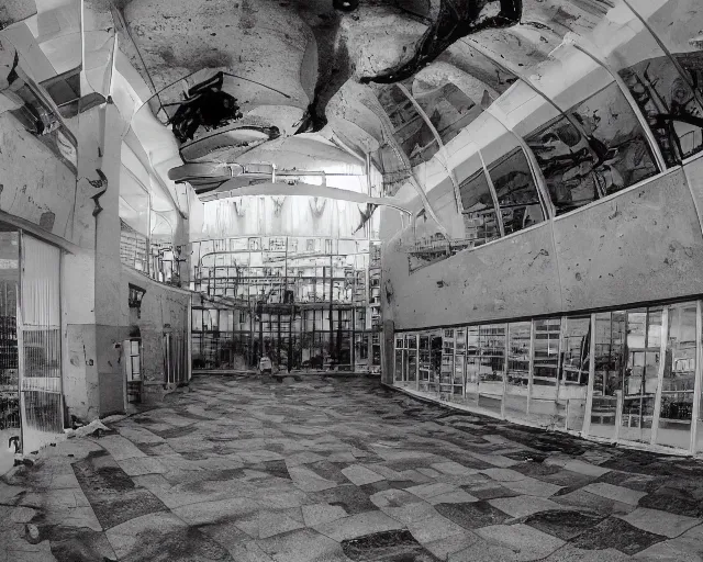 Prompt: camera footage of an abandoned shopping mall occupied by giant monster spiders, high exposure, dark, monochrome, camera, grainy, CCTV, security camera footage, timestamp, zoomed in, fish-eye lense, spiders, spider, spider, spider,