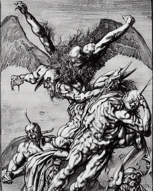 Prompt: devil fighting angels, epic composition, fine details, extremely detailed, black and white, very sharp, in the style of albrecht durer