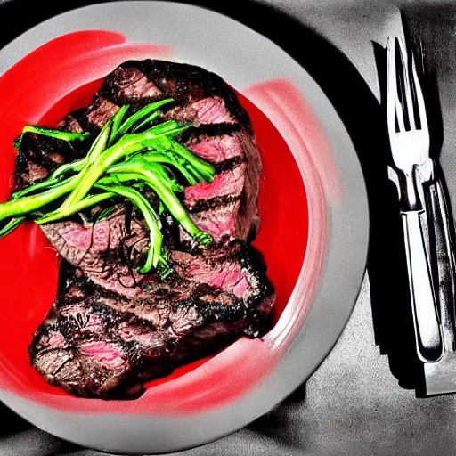 Prompt: steak on a plate by hr giger